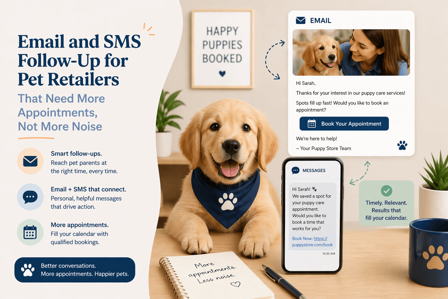 Email and SMS follow-up for pet retailers artwork
